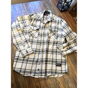 Troll Clothing Co Flannel Plaid Shirt Snap Button Men's XL Black and Beige